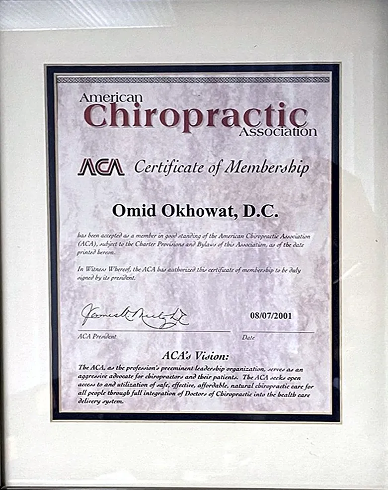 Framed American Chiropractic Association Certificate of Membership for Omid Okhowat, D.C.