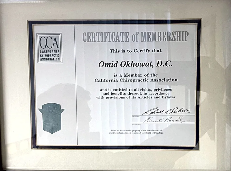 Framed California Chiropractic Association Certificate of Membership for Omid Okhowat, D.C.