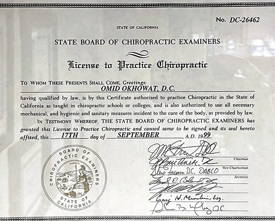 Framed License to Practice Chiropractic issued by the State Board of Chiropractic Examiners to Omid Okhowat, D.C.