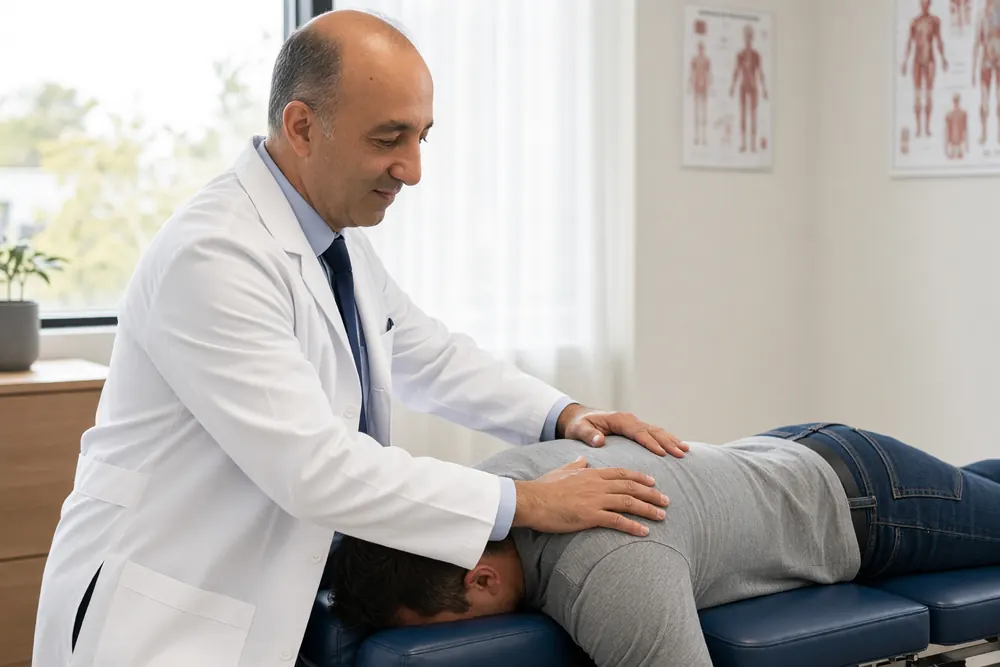 Dr. Omid Okhowat in a white coat with both hands on the upper back of a patient lying face down on a treatment table