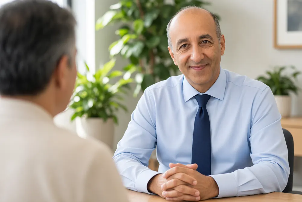 Dr. Omid Okhowat in a light blue shirt and navy tie, hands folded, listening to a patient across a consultation table