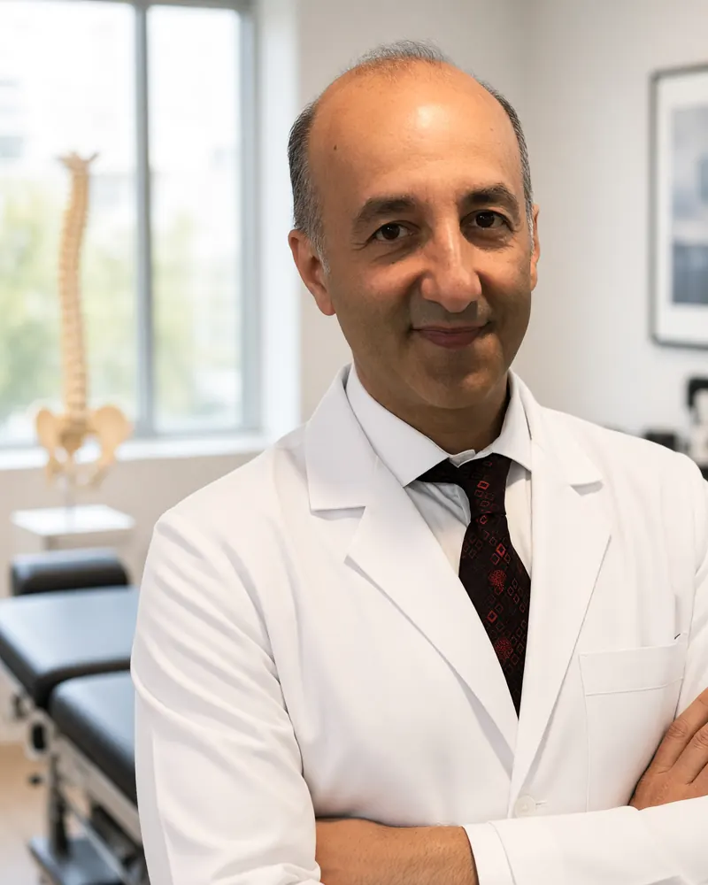 Dr. Omid Okhowat, DC, in a white clinical coat with his arms crossed, standing in a treatment room
