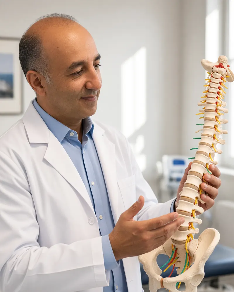 Dr. Omid Okhowat in a white coat and light blue shirt, holding a spine model and pointing to the lower vertebrae